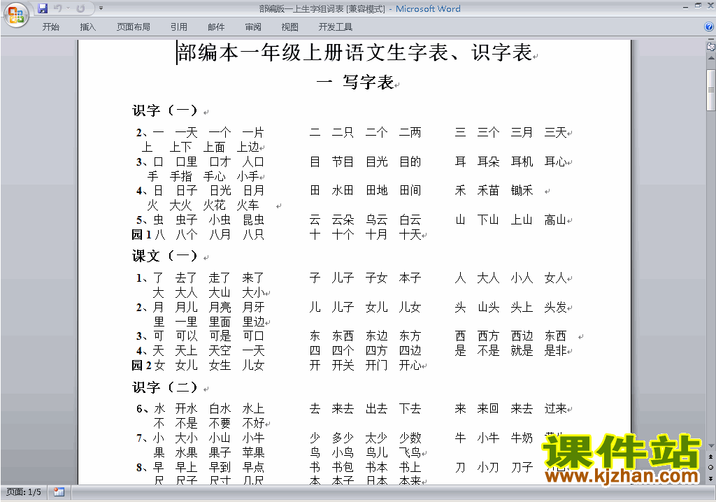 下载部编本新人教版一年级上册语文生字组词表练习试卷