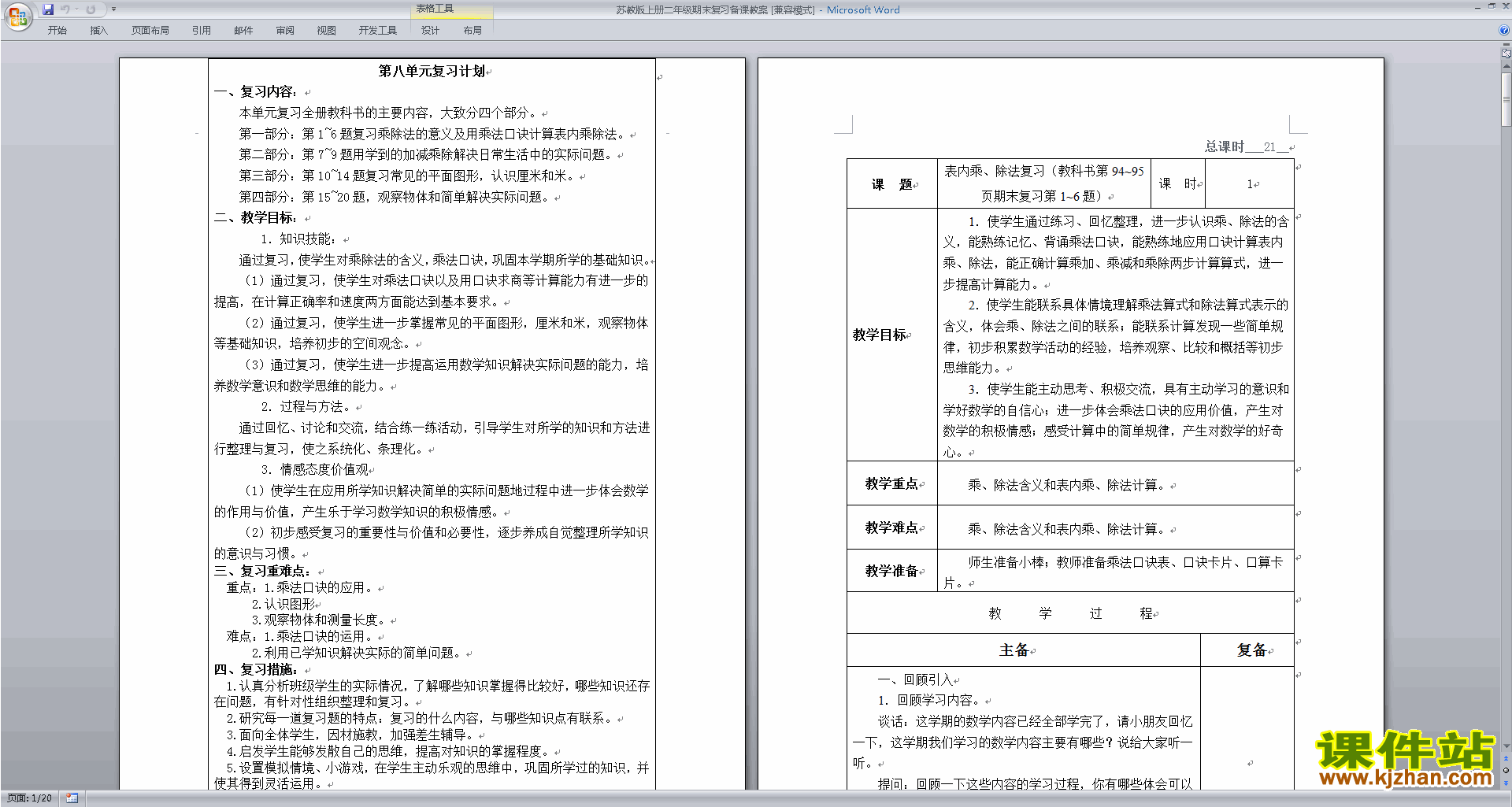 下载二年级上册苏教版数学公开课总复习教案教学设计