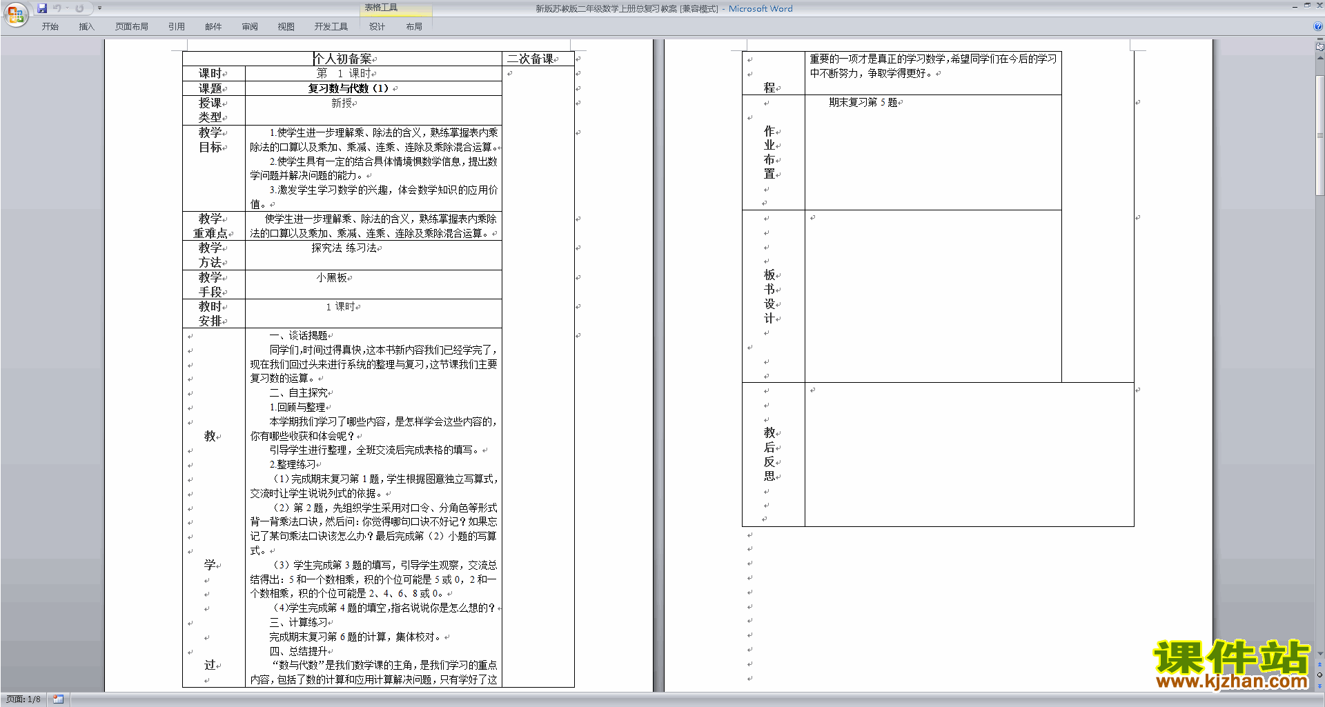 下载教学总复习教学设计教案(二年级上册苏教版数学）