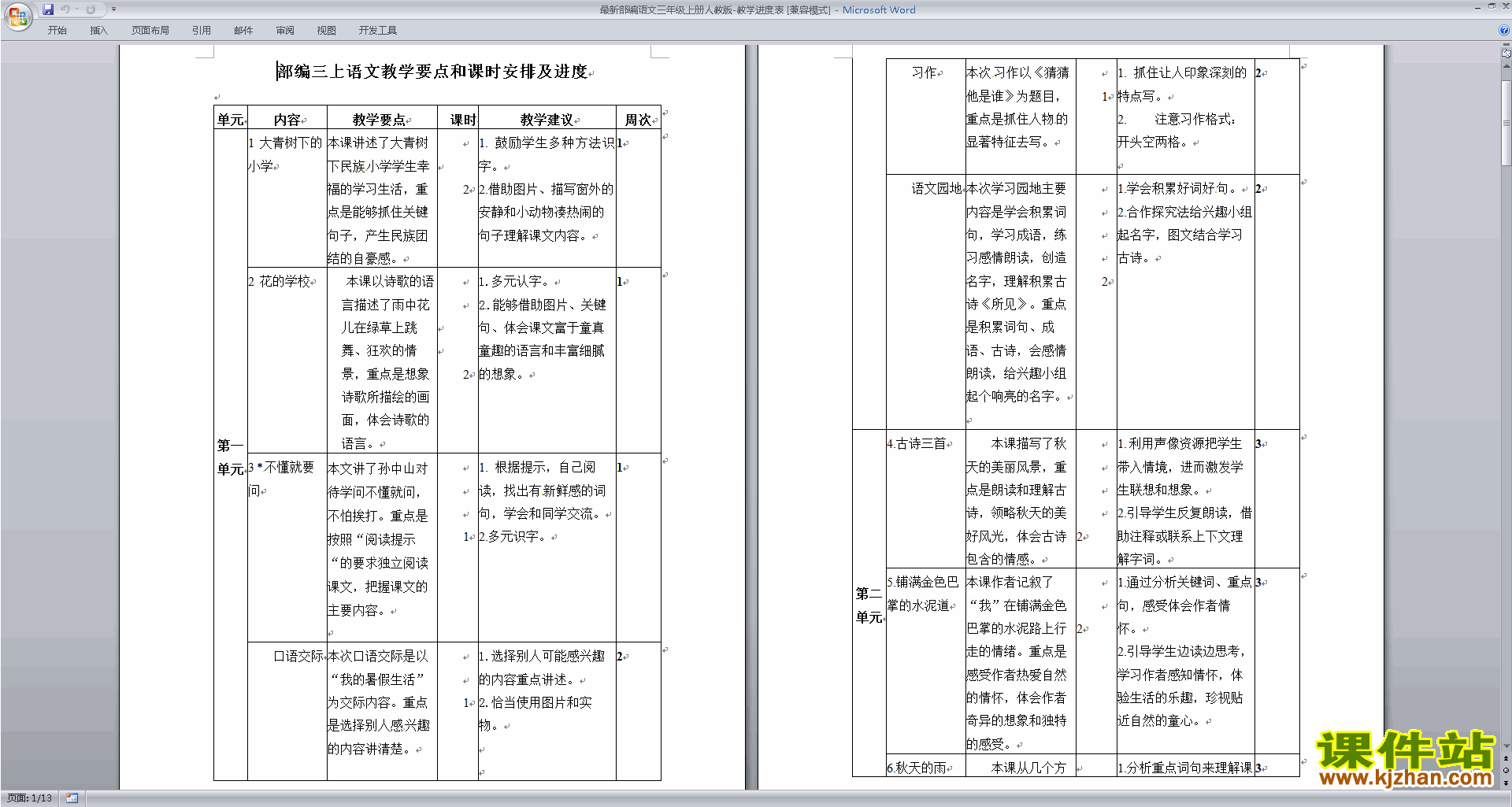 下载最新部编语文三年级上册人教版教学进度表