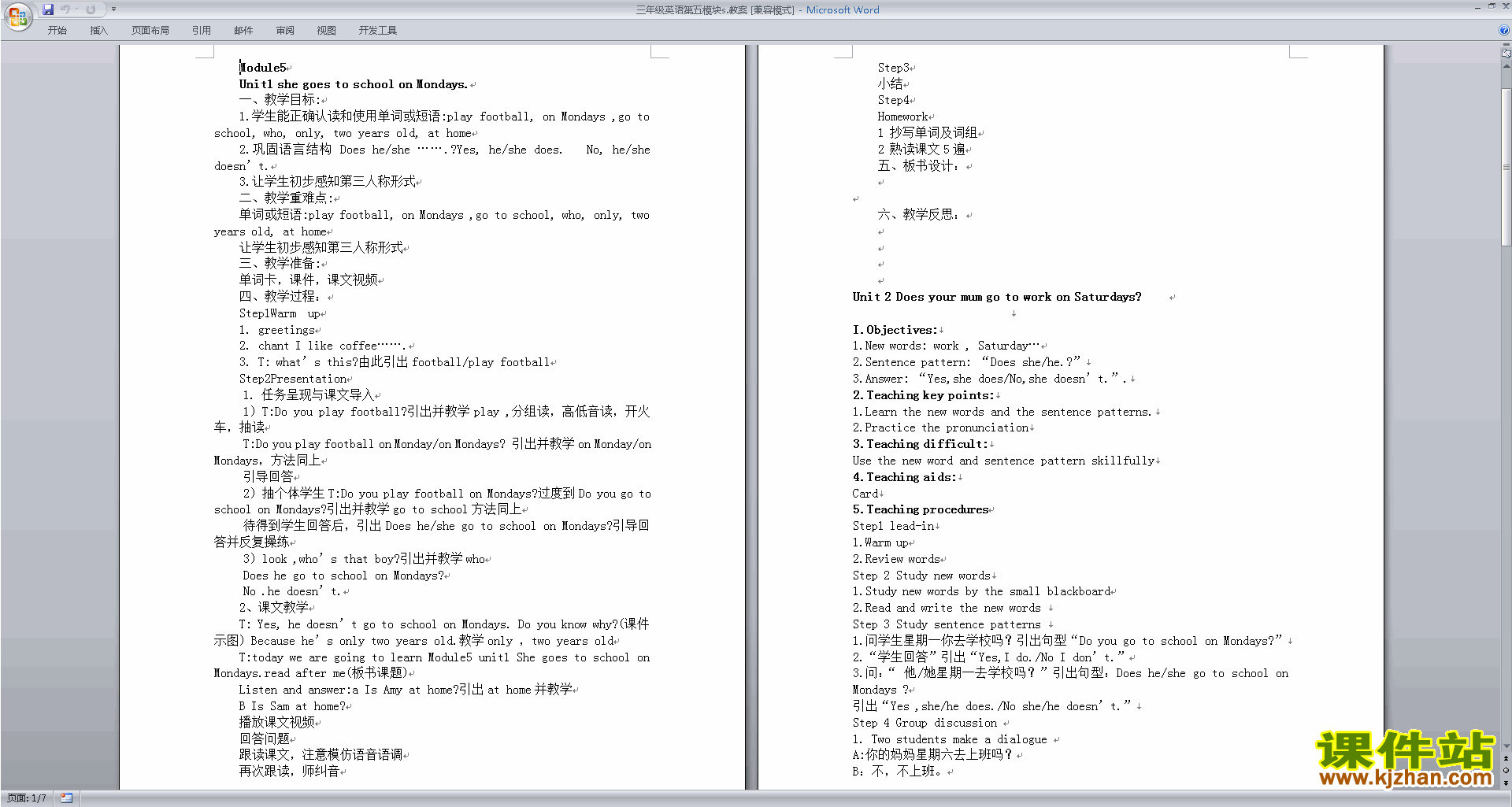 Does your mum go to work on Saturdays教学设计教案下载