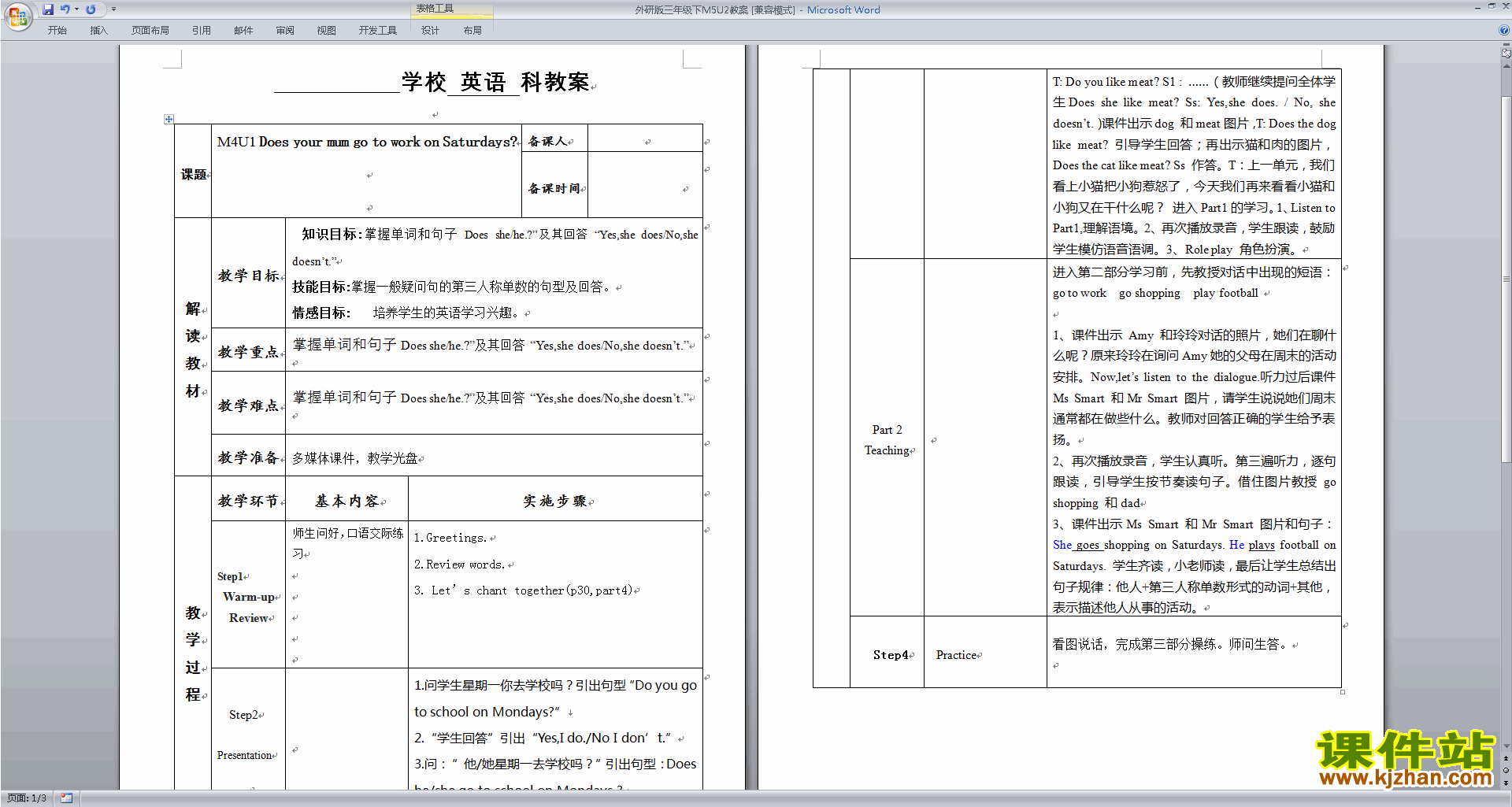 Module5 Unit2 Does your mum go to work on Saturdays教案