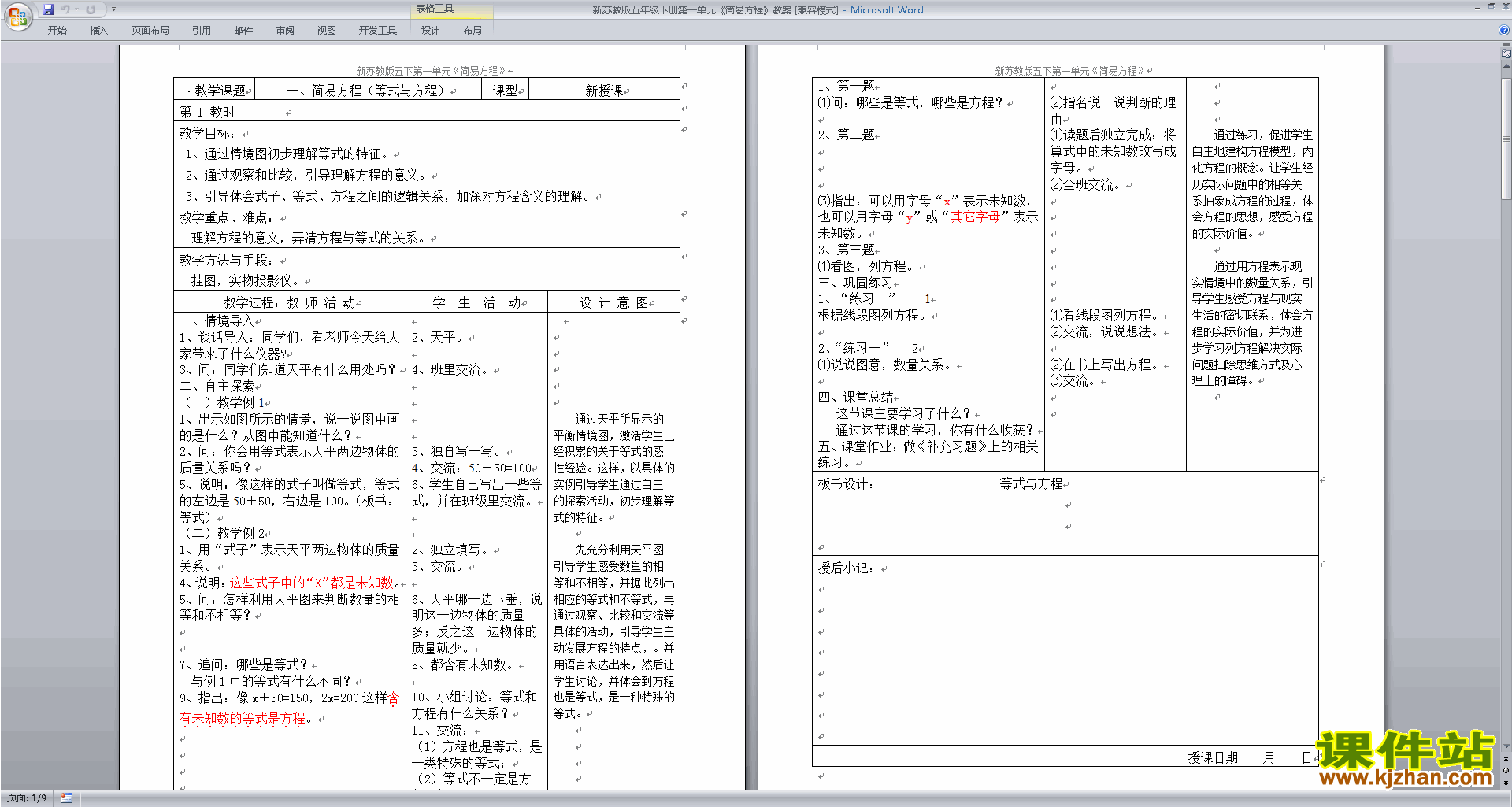 原创苏教版数学第一单元:简易方程教学设计教案下载