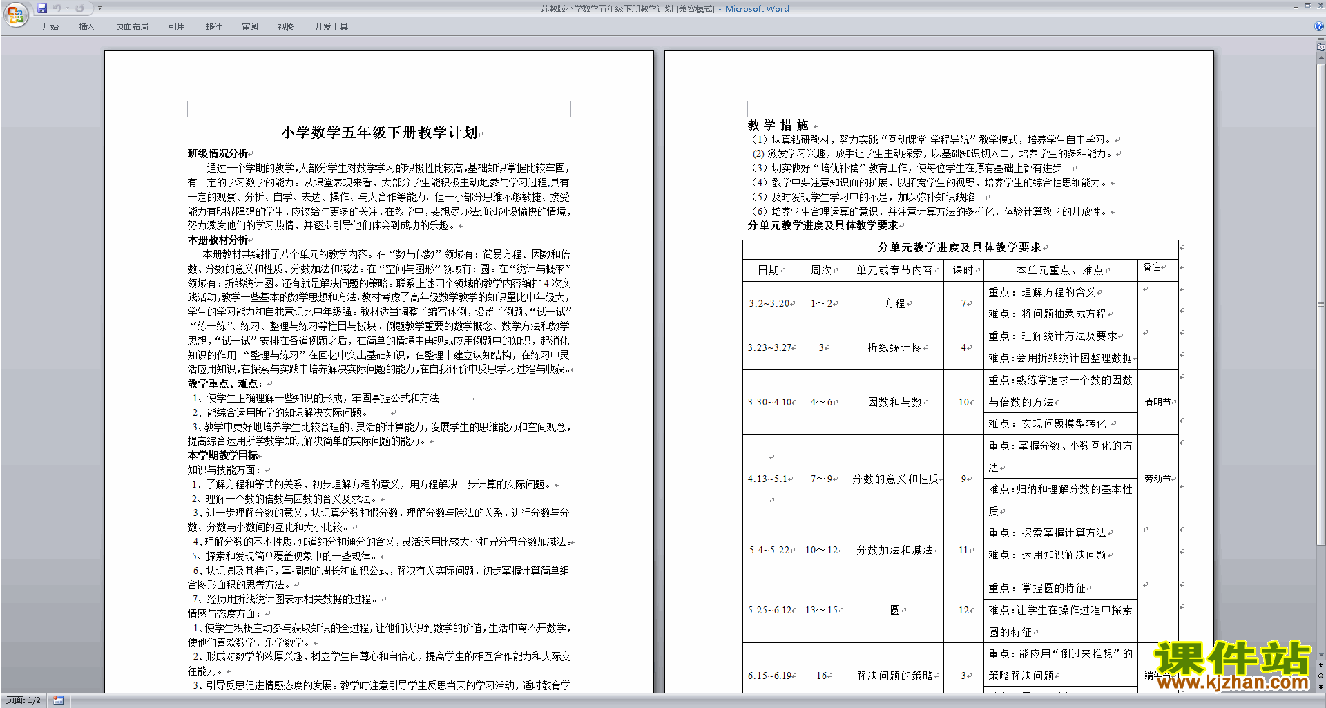 下载苏教版五年级下册数学全册教学计划