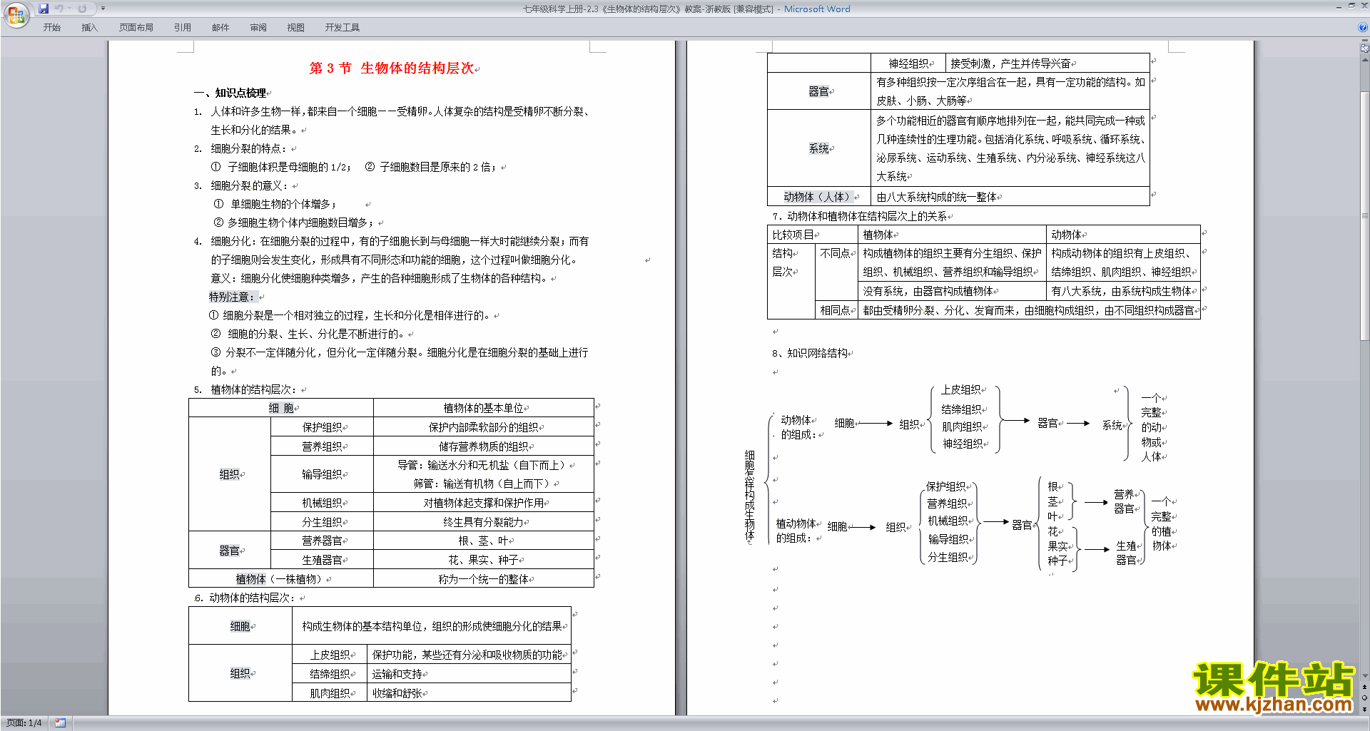 浙教版七年级上册科学公开课生物体的结构层次教学设计教案