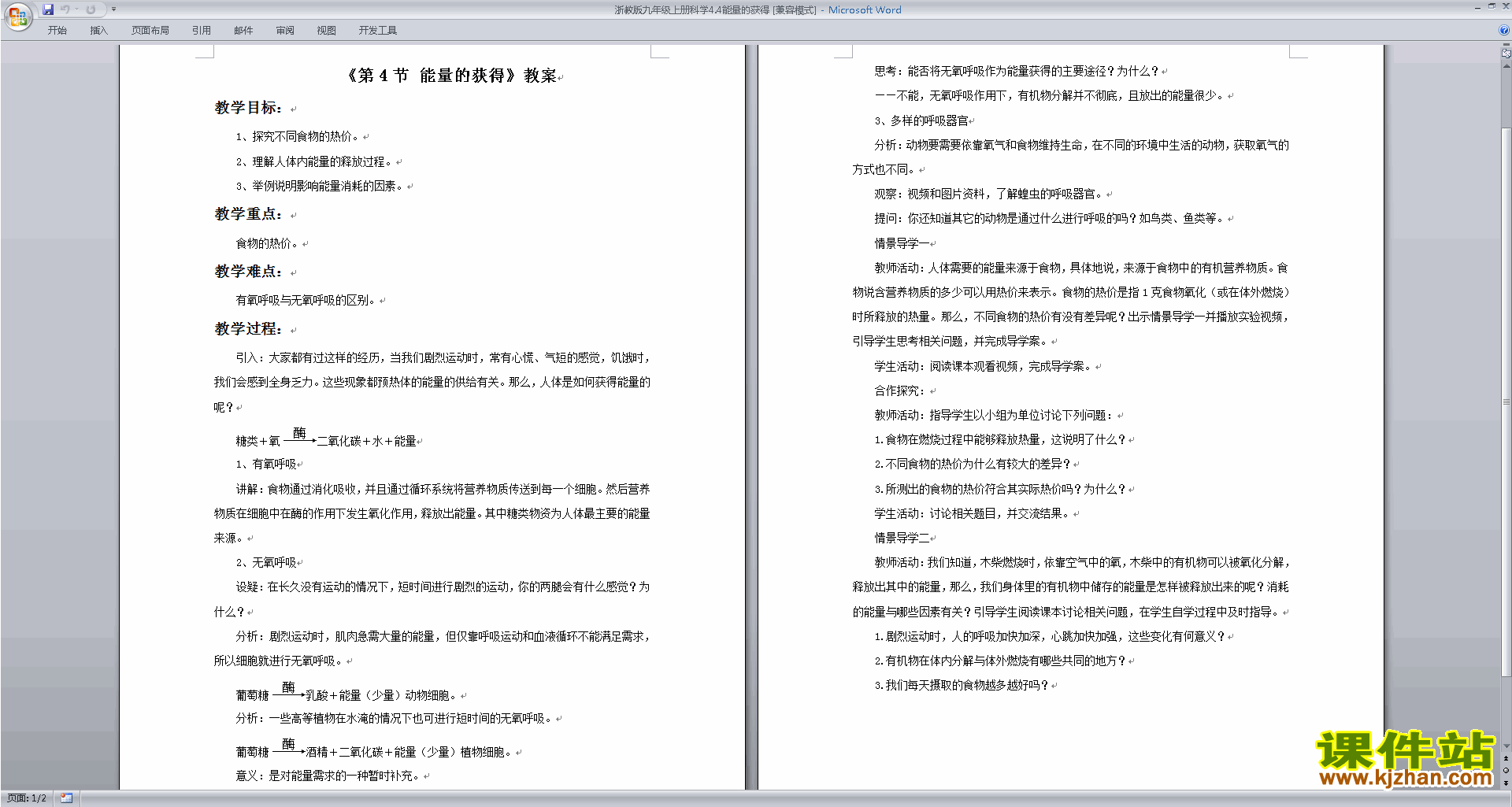 新浙教版九年级上册科学优质课4.4能量的获得教案教学设计