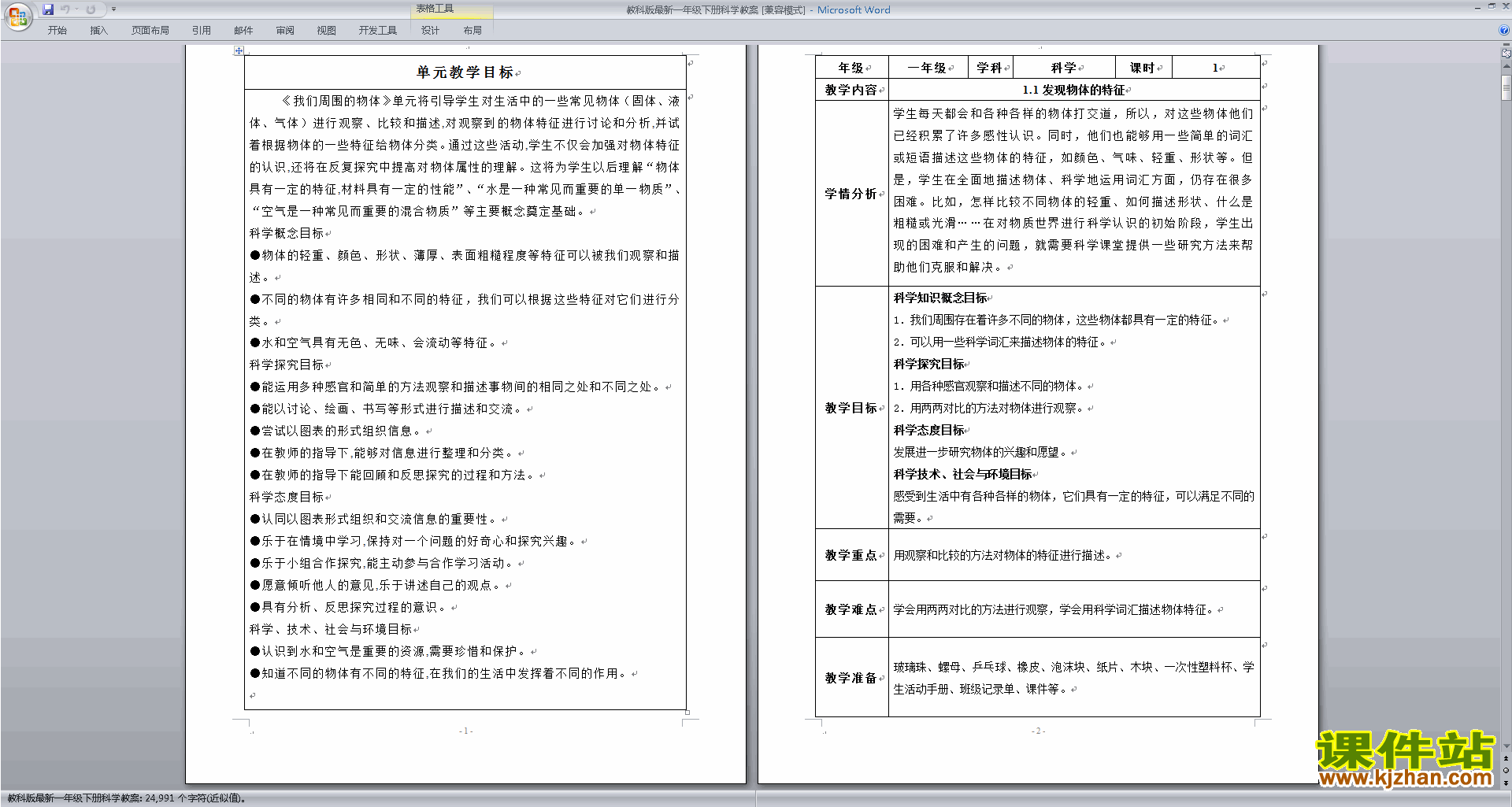 下载教科版一年级下册科学全册教学设计教案