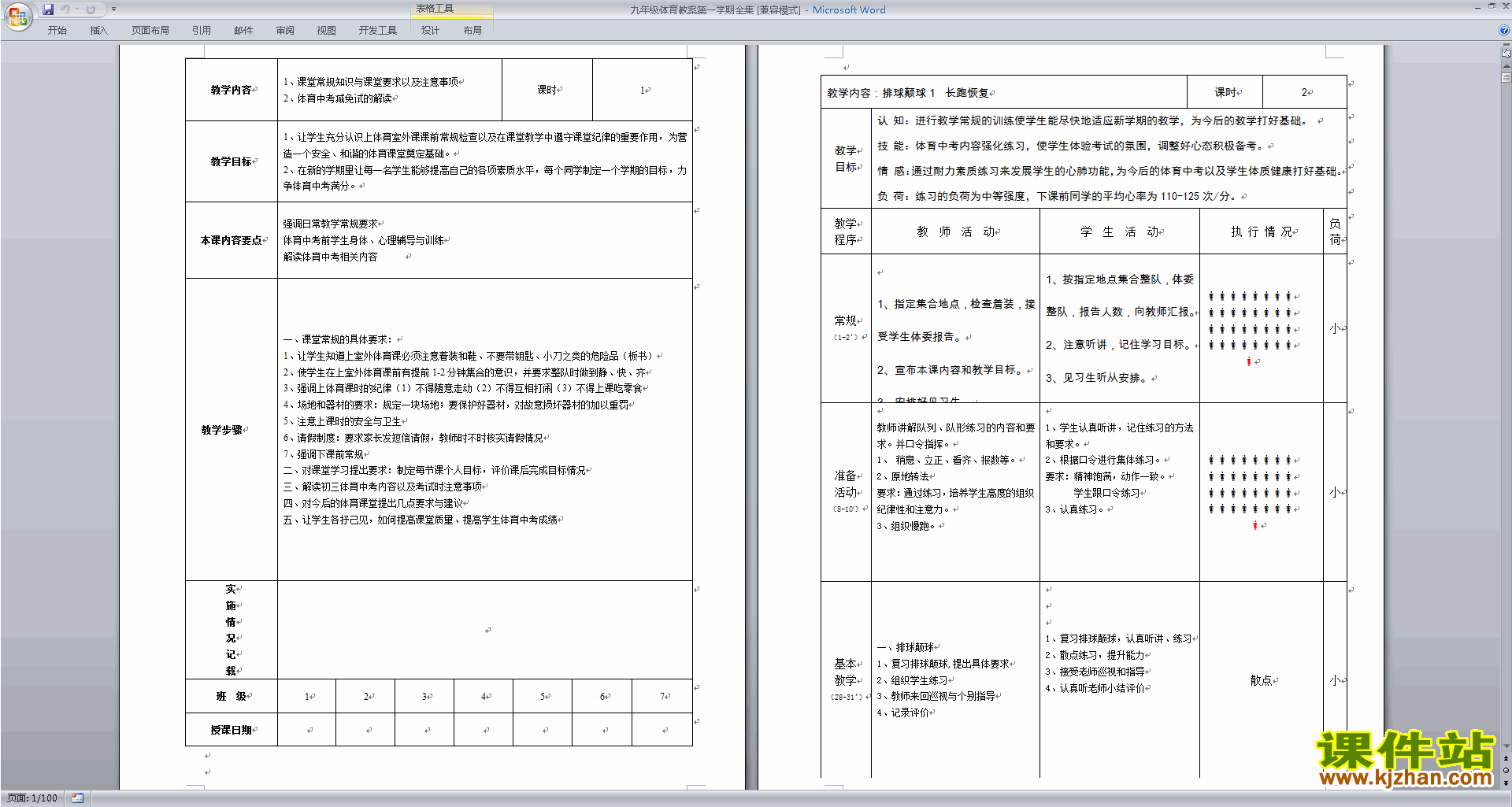 九年级体育教案第一学期全集教案下载
