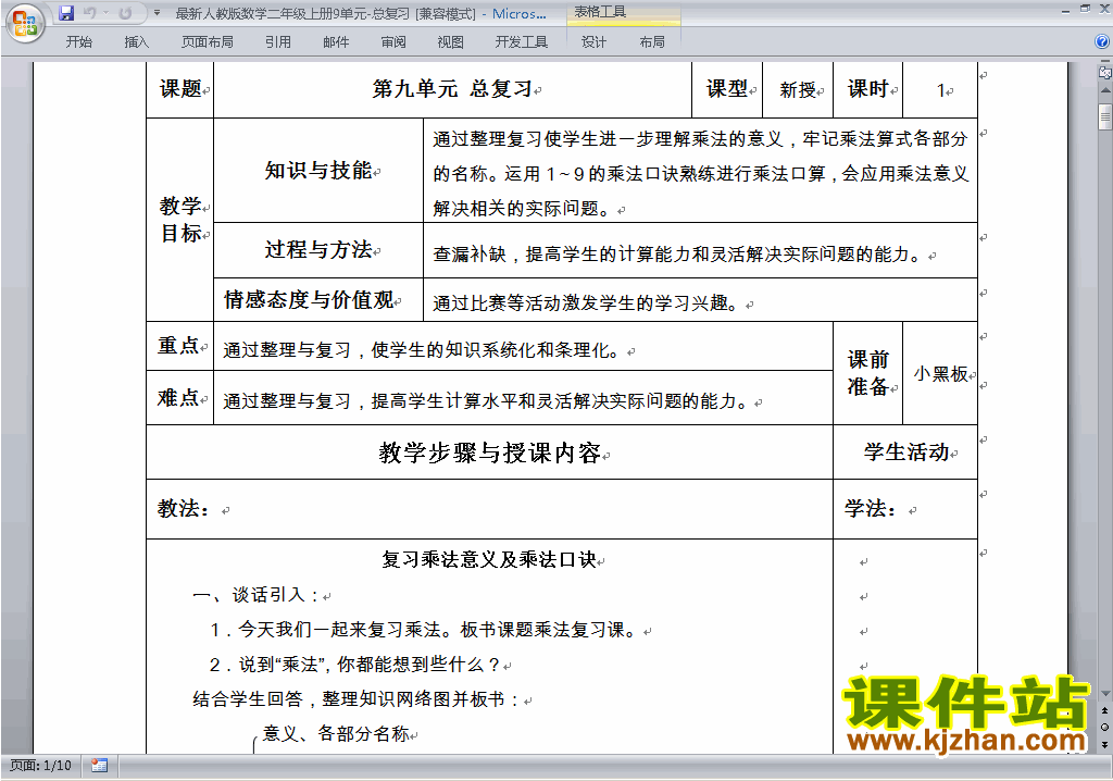 二年级数学上册第九单元:总复习教案教学设计下载21