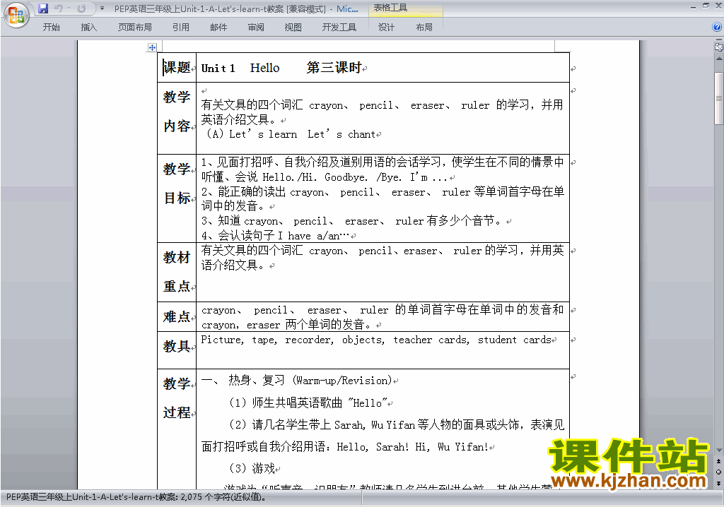 PEP三上英语Unit1 Hello教案教学设计下载7