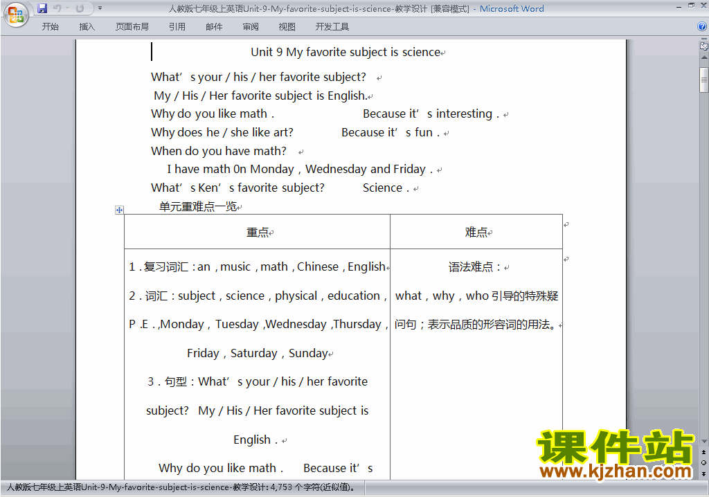 Unit9 My favorite subject is science教学设计教案31