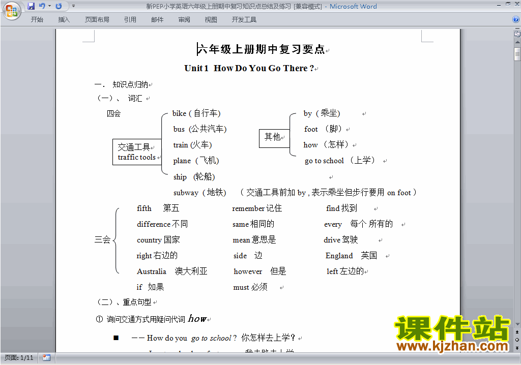 人教版PEP六年级上册英语期中考试练习试卷20