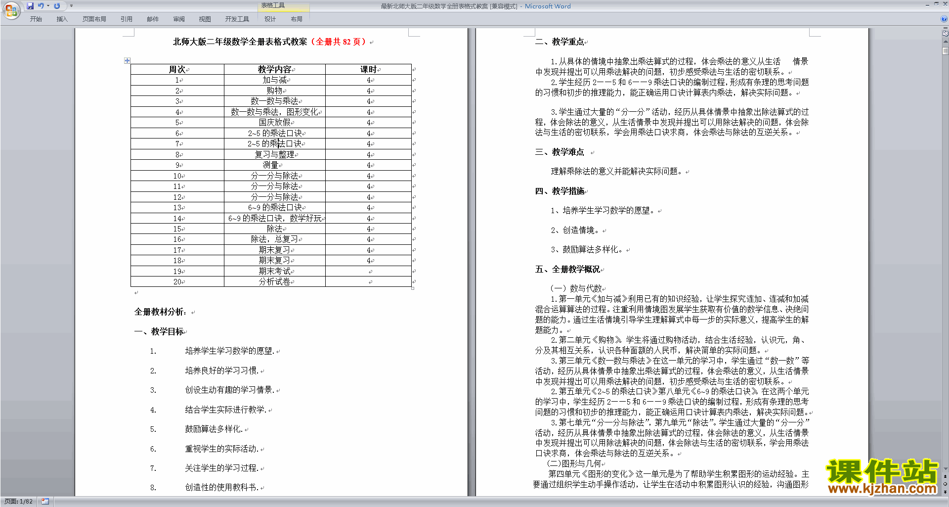 二年级数学上册教学计划、课时安排教案教学设计下载1