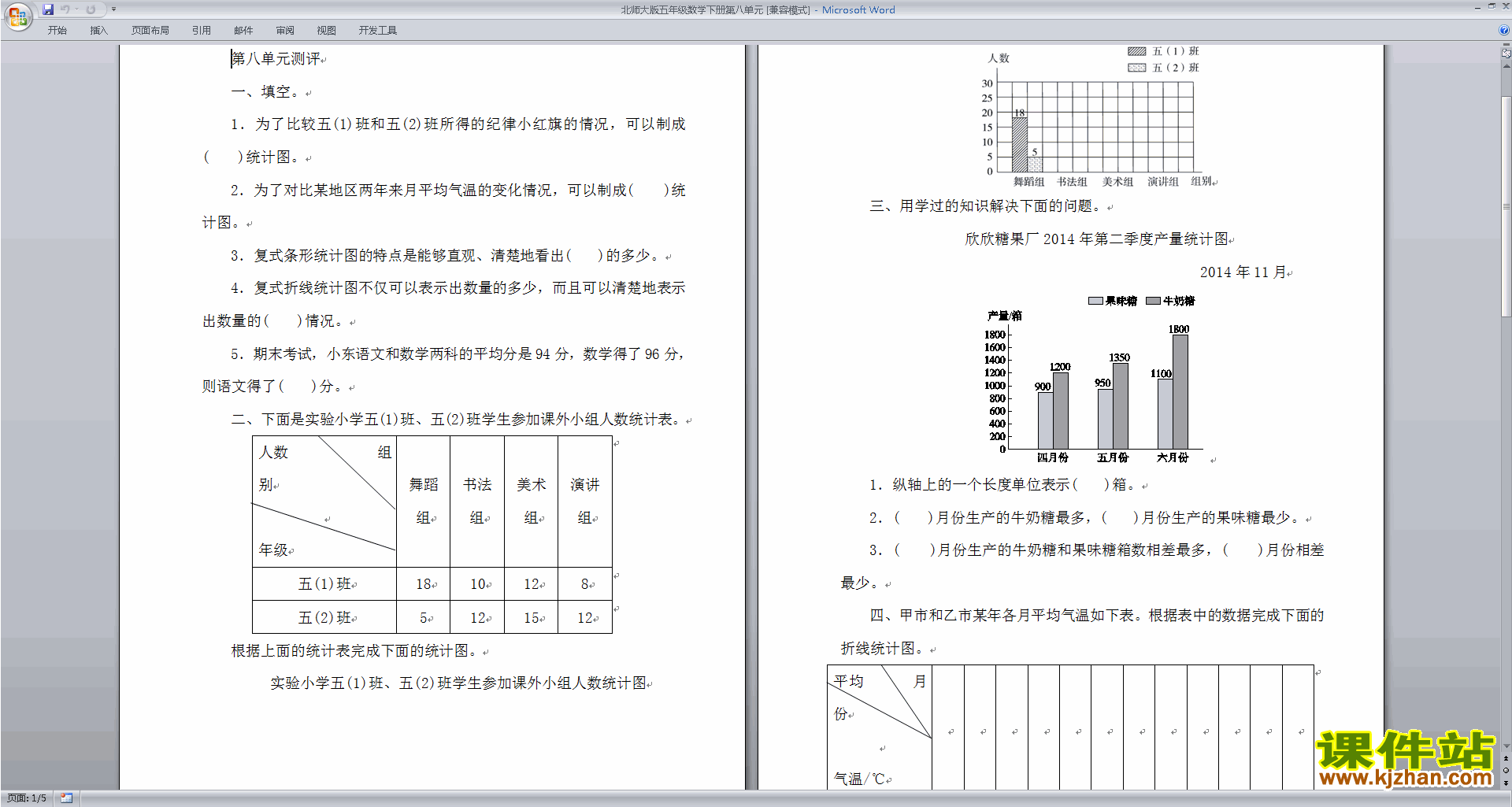 北师大版五年级下册数学第八单元:数据的表示和分析练习