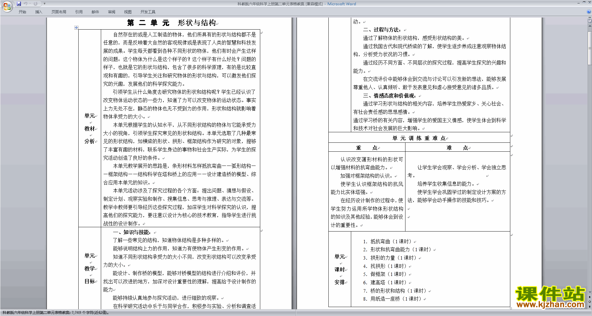 六年级科学上册第二单元形状与结构教学设计教案下载