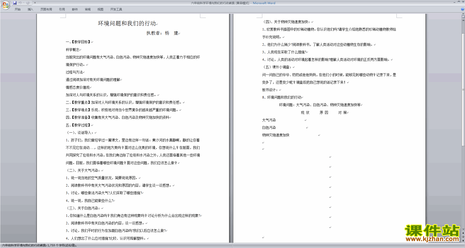 六年级下册科学第四单元:环境和我们教学设计教案下载