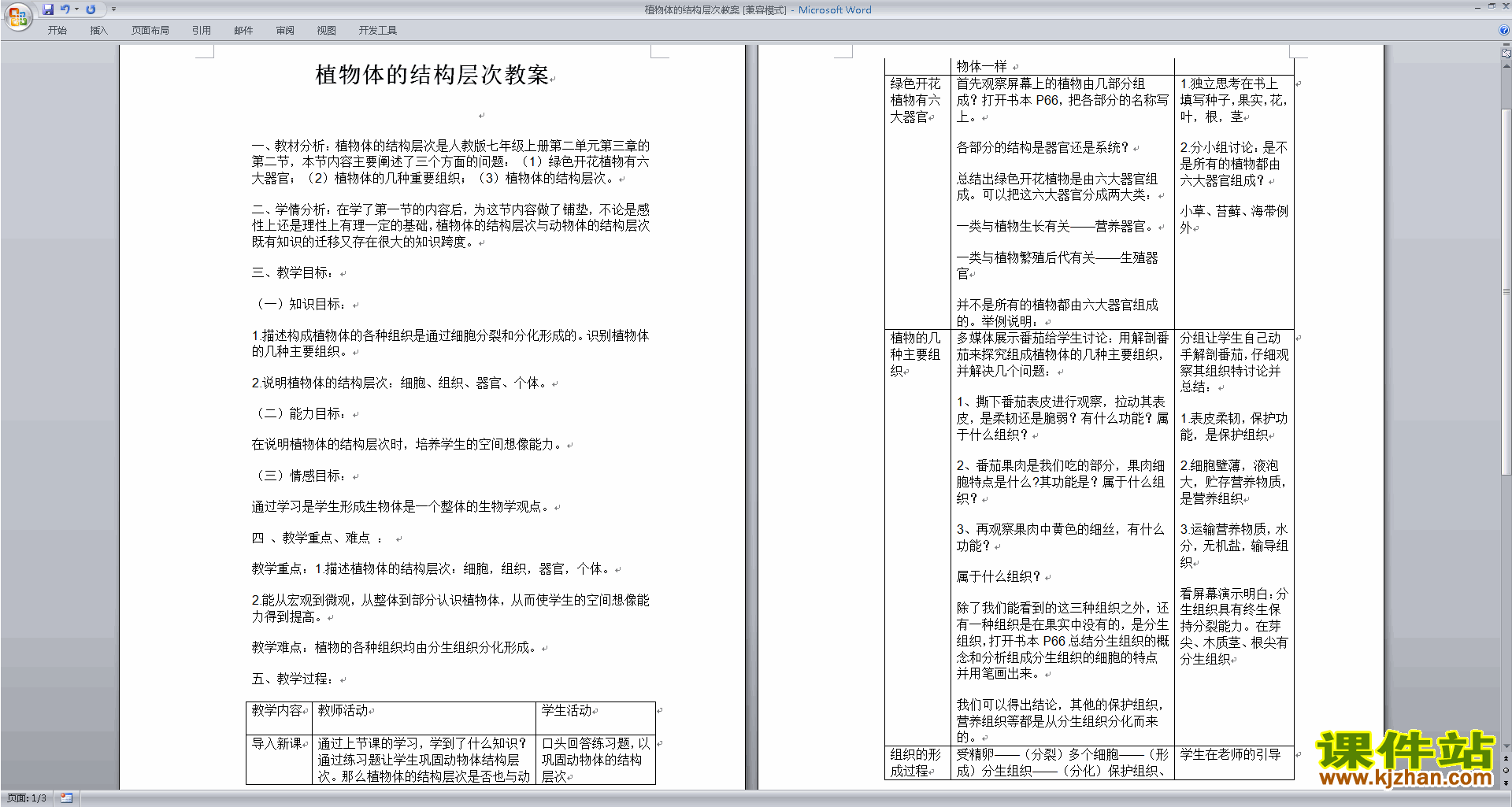 下载植物体的结构层次教案教学设计(七年级上册生物)