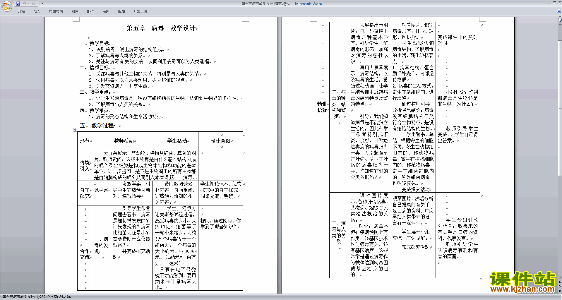 下载教学第五章:病毒教学设计教案(八年级上册生物）