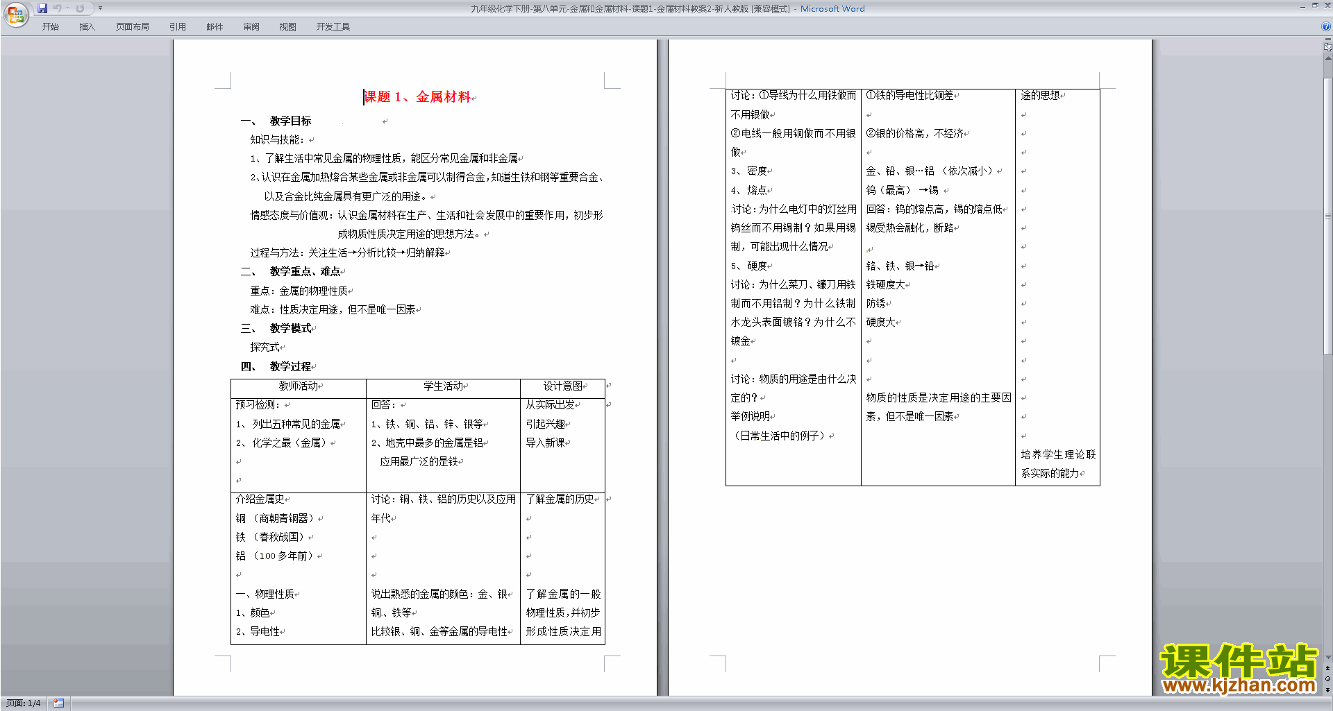 人教版化学第八单元:金属和金属材料教学设计教案下载