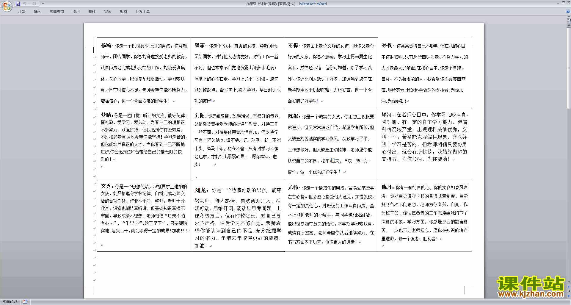 九年级初三班主任期末评语优秀评语大全下载13