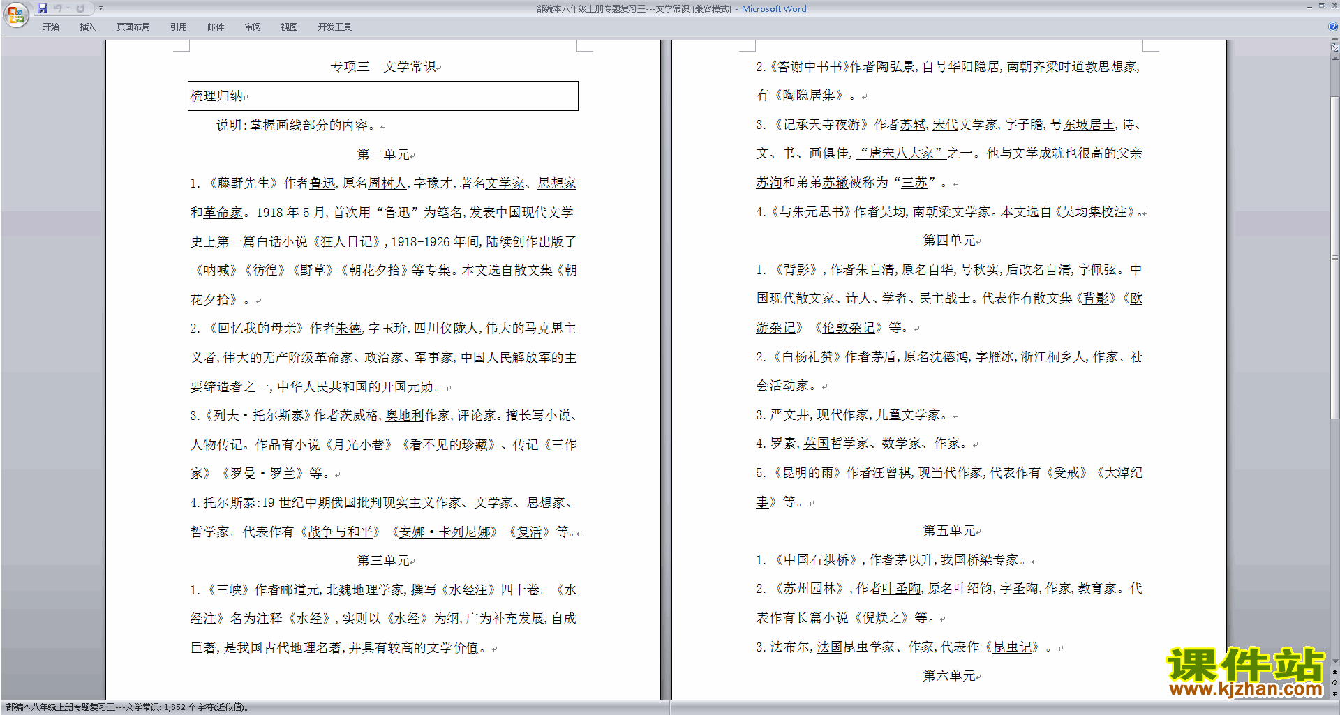 下载部编本八年级上册专题复习---文学常识资料