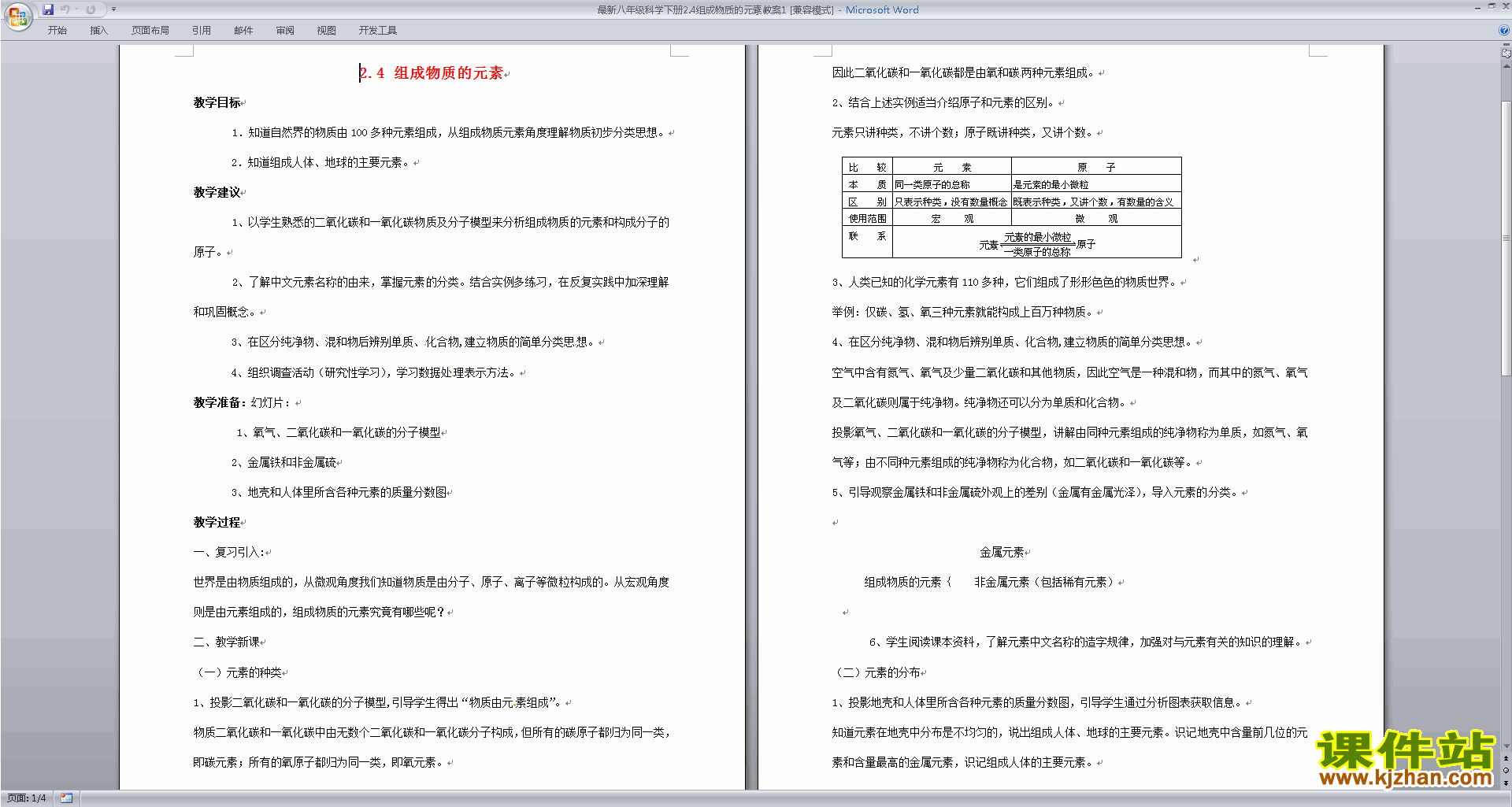 新浙教版八下科学2.4组成物质的元素教案教学设计