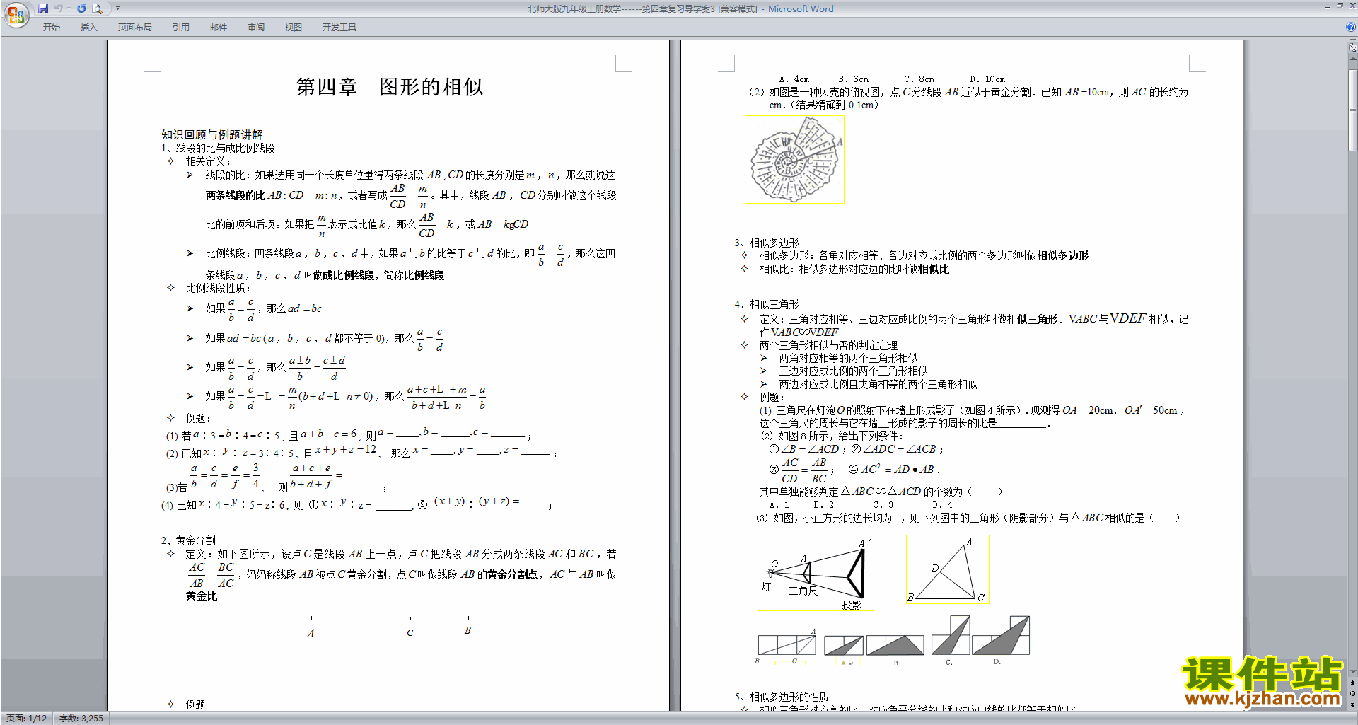 北师大版九年级上册数学第四章复习导学案下载